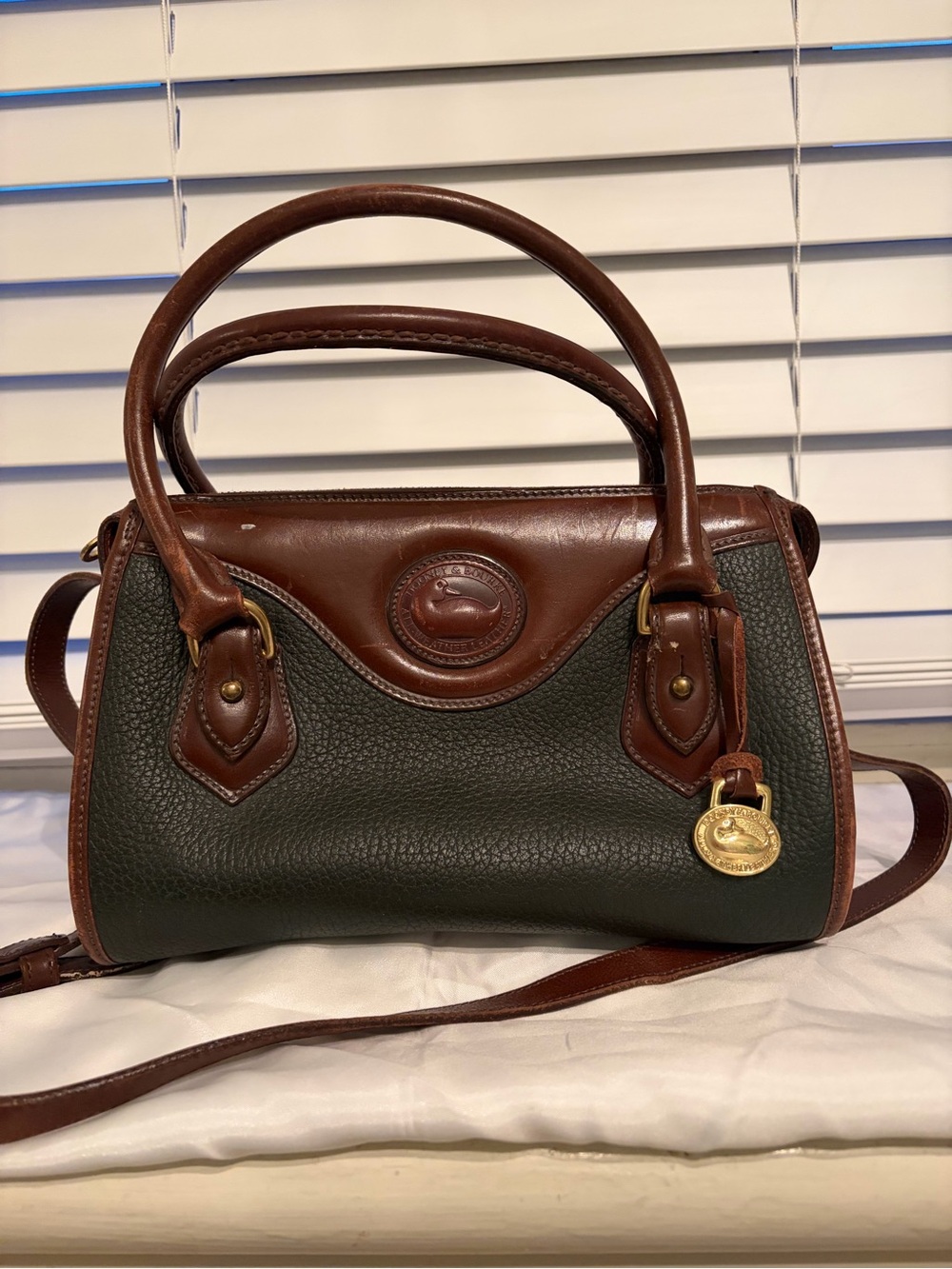 Dooney and Bourke Leather Satchel Handbag in Dark Green and Brown